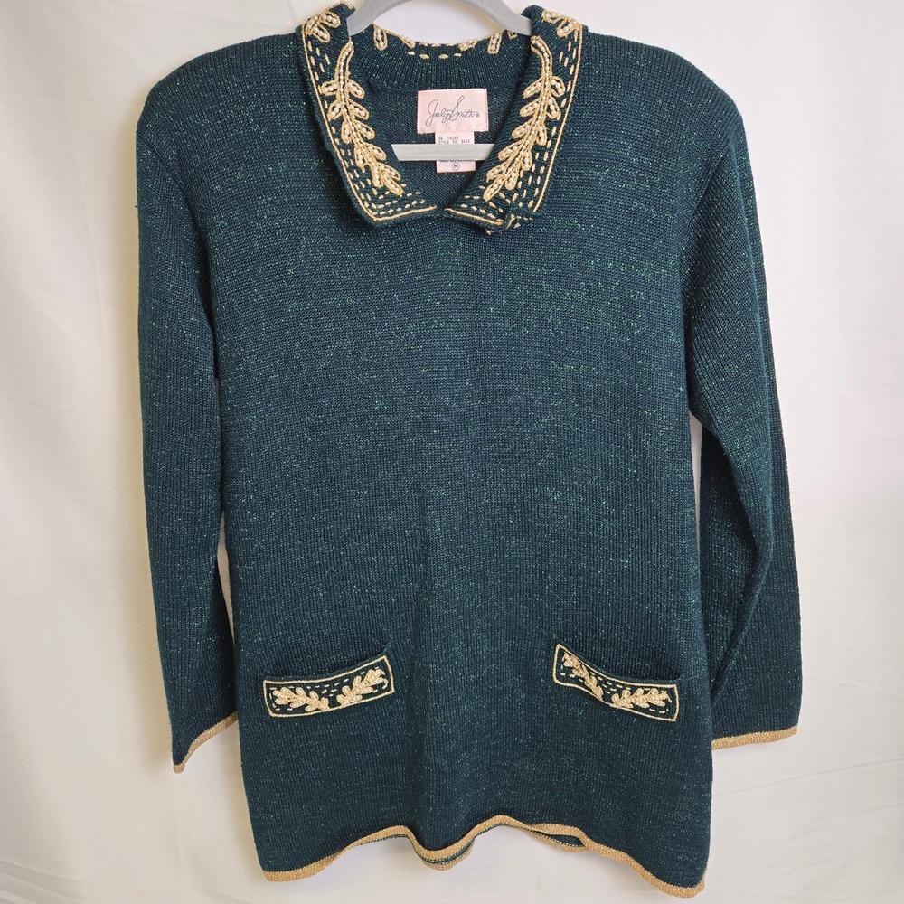 Jaclyn Smith Beaded Metallic Fall Leaves Collared Sweater Green Gold Medium Vtg